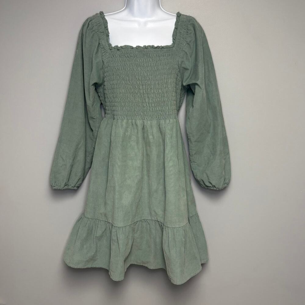 American Eagle Sage Green Smocked Tiered Country Corduroy Mini‎ Peasant Dress L